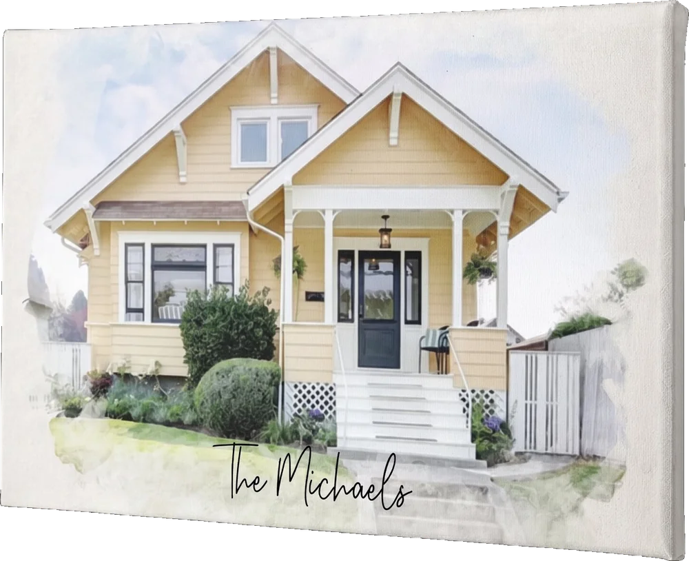 Personalized watercolor canvas of a client's home, with their family name hand-lettered beneath