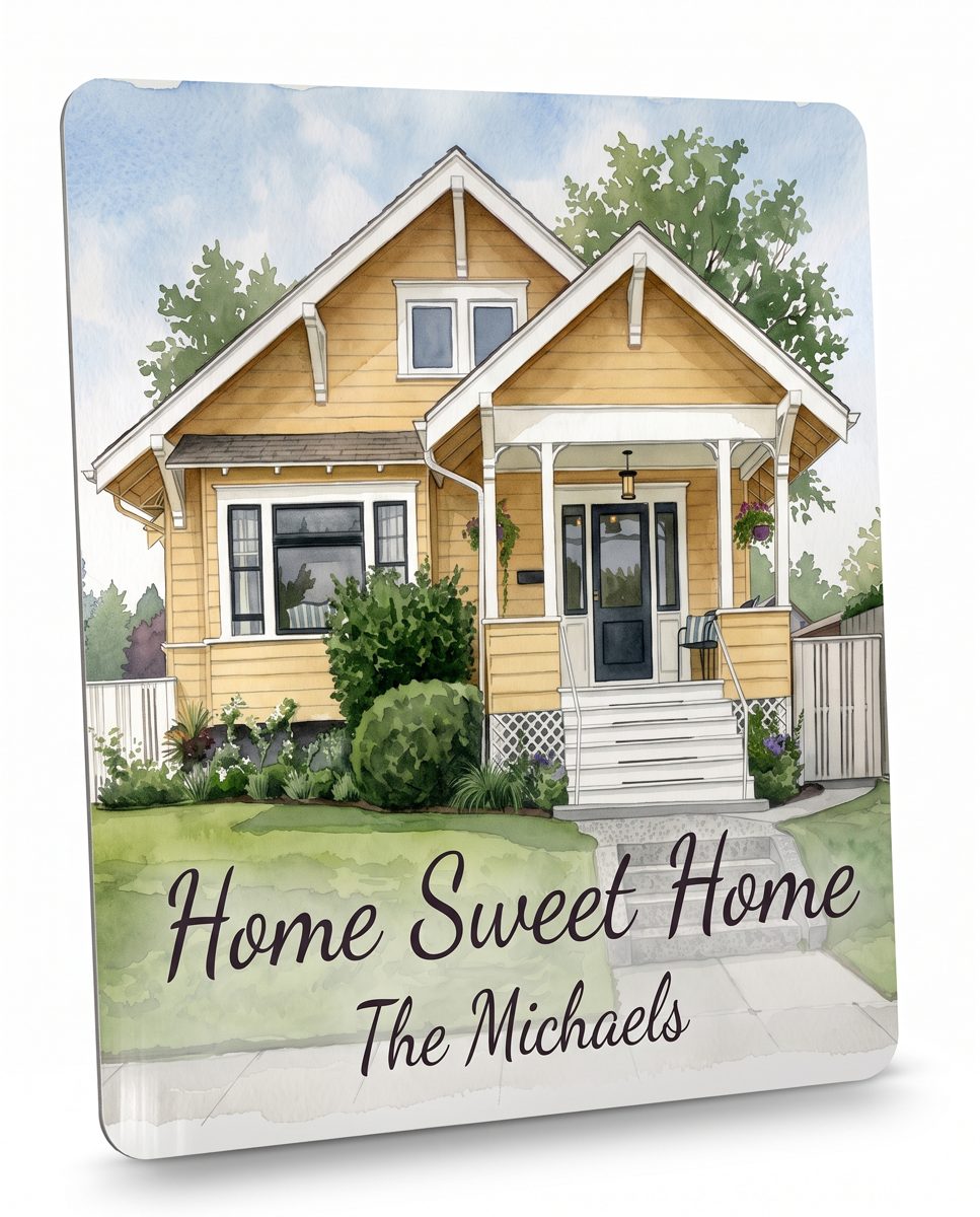 Watercolor home on a gleaming aluminum metal print